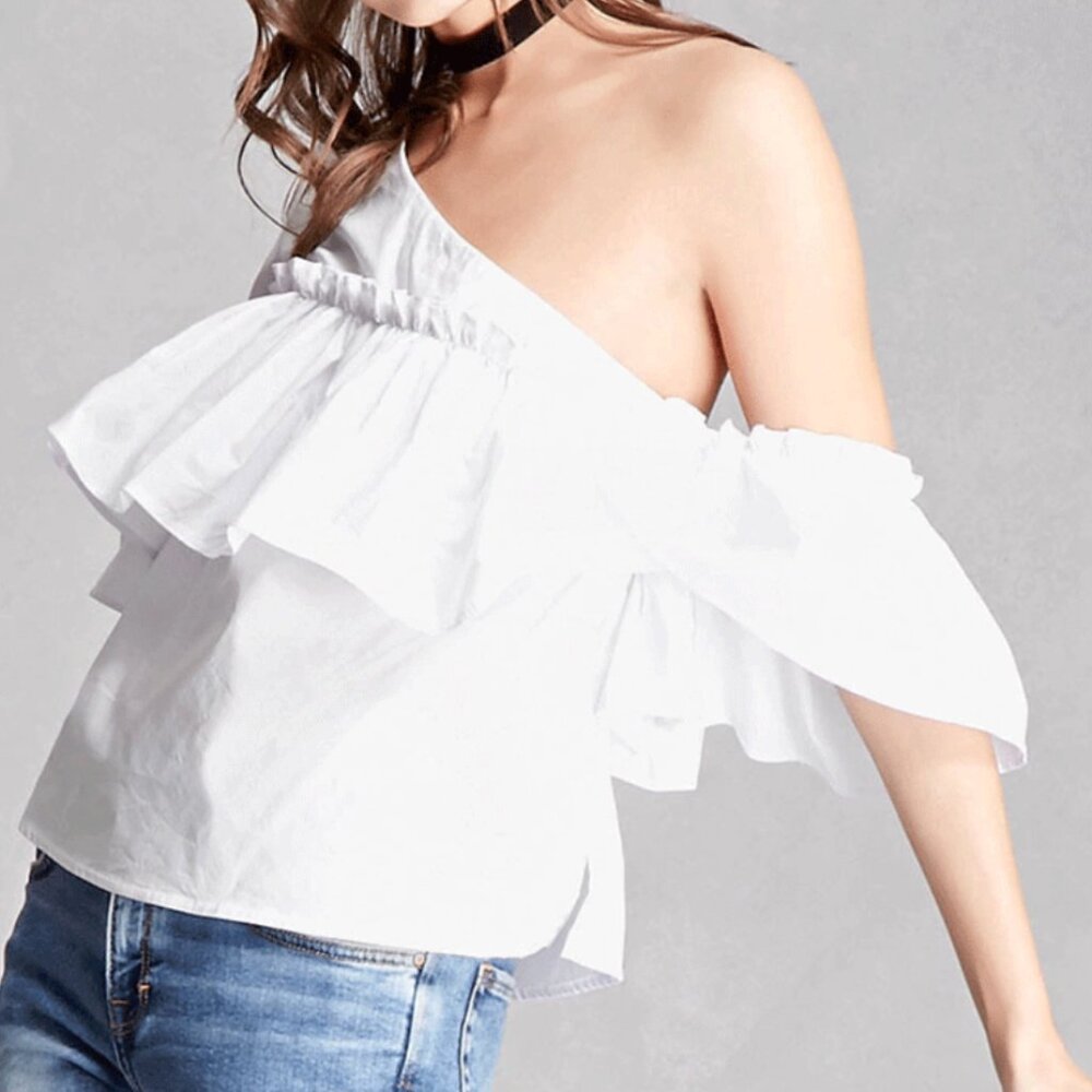 Zara Asymmetrical / Off The Shoulder White Ruffle Cotton Blouse Top